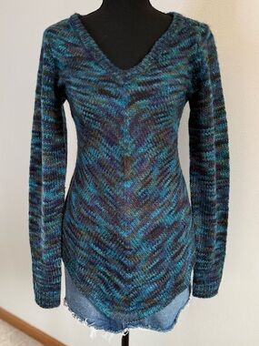 Vintage Y2K BONGO Marled Blue Green V Neck Tunic Sweater Size M